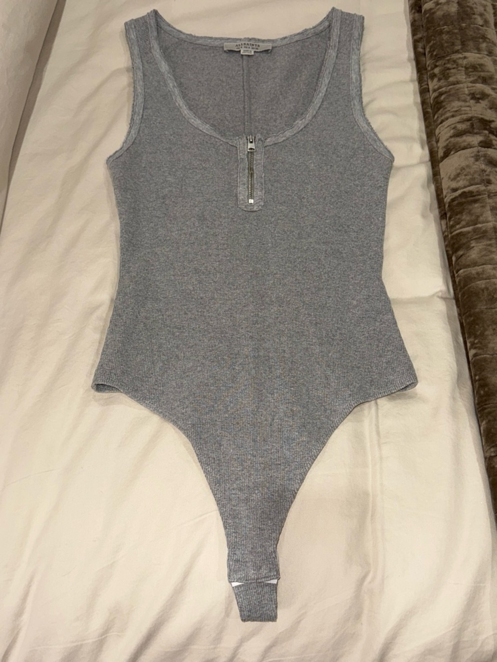 All Saints Light Gray Ribbed Tank Bodysuit with Front Zip